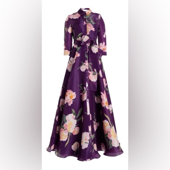 CAROLINA HERRERA Trench Gown in Fig Multi Purple Floral Belted Dress Size 8 NWT - Picture 6 of 13